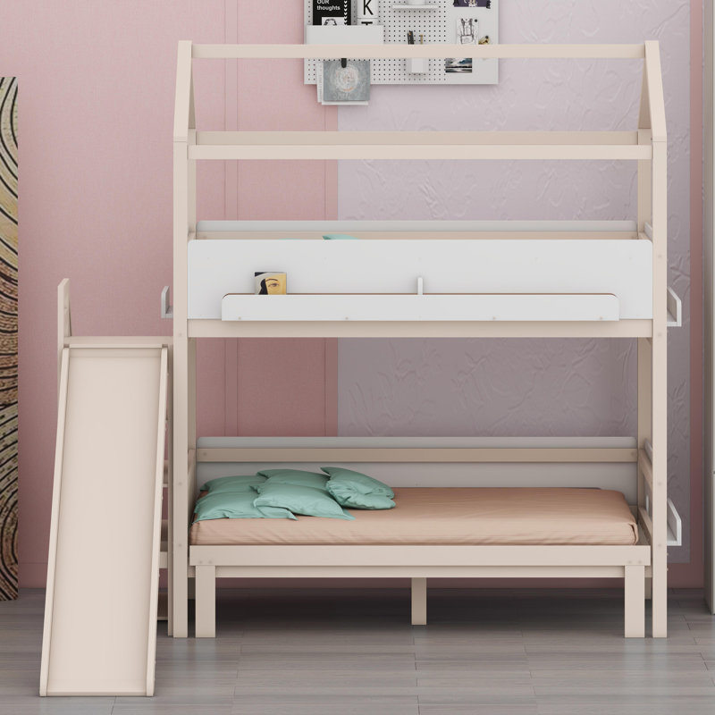 Lit superposé en forme de maison avec glissade et escalier de rangement intégré, Beige+White