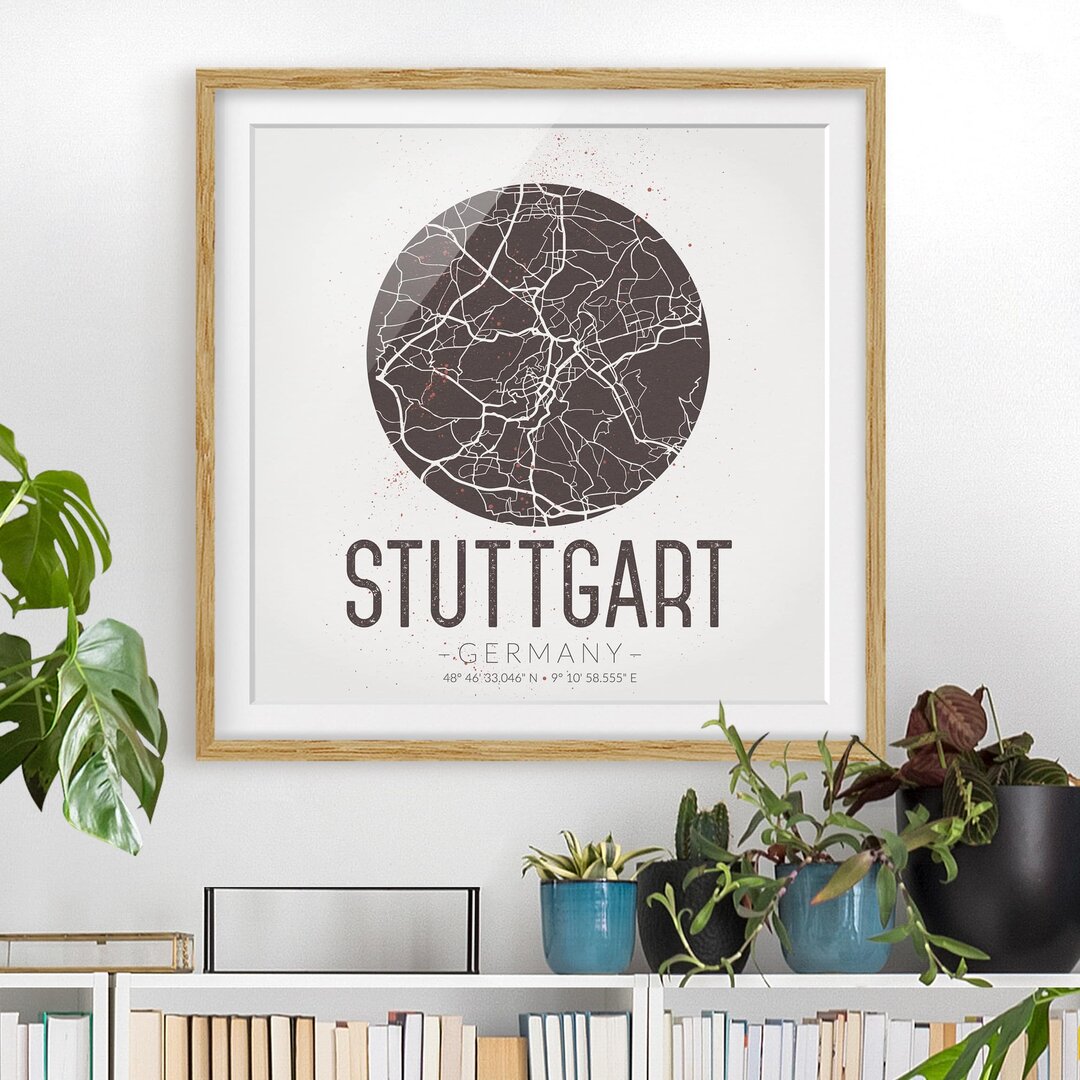 Gerahmtes Papierbild Stadtplan Stuttgart - Retro