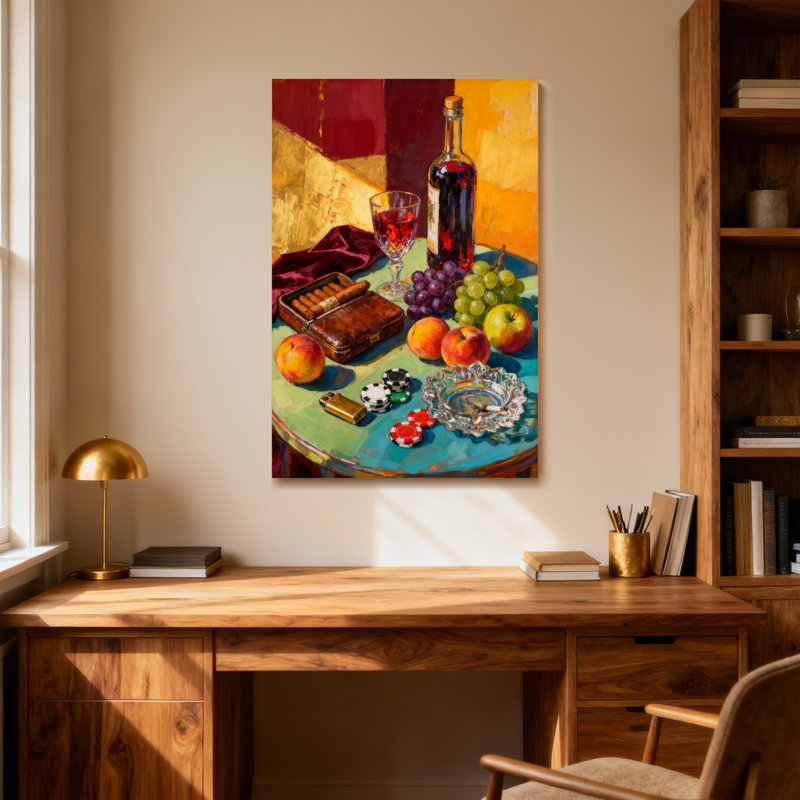 Mode nature morte avec vin et fruits, H 32 po x l 48 po