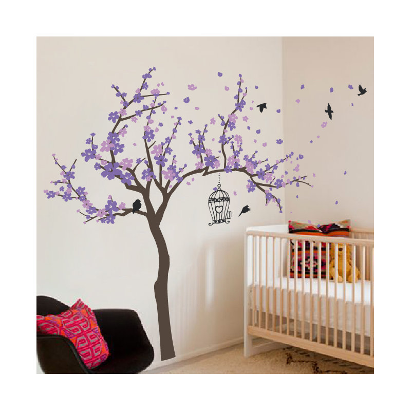 Décalcomanie murale Arbre en fleurs et oiseaux, H 72 po x l 92 po x p 0,01 po, Mauve