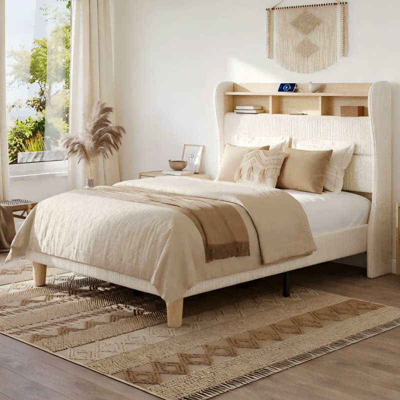 Beige King Velvet Upholstered Platform Bed Frame with Storage Headboard and LED Lights, King