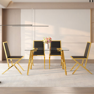 Table And Chair Set.51" × 31.5" Tempered Glass Dining Table, Paired With A Set Of 4 PU Dining Chairs. Modern Light Luxury Home Restaurant Table And Chair Combination.