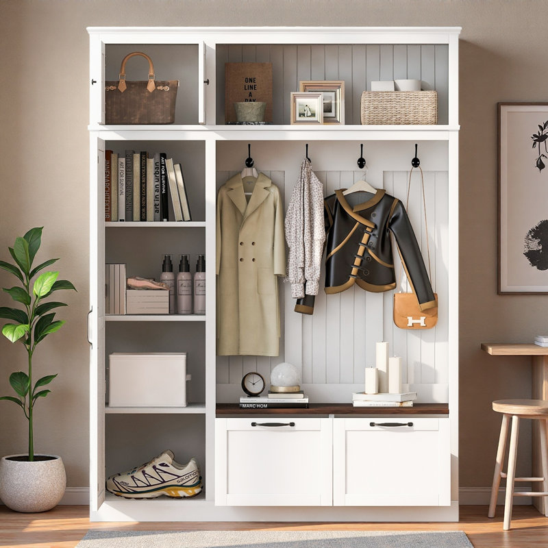 3-in-1 Hall Tree With Top Storage Cabinet, Open Storage, 3 Adjustable Side Shelves, 4 Heavy-duty Hooks, 2 Spacious Drawers And Seat Bench