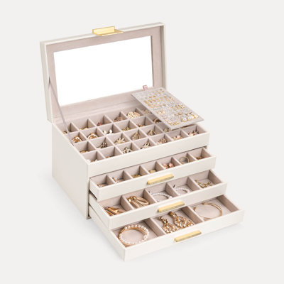 Boîte de rangement pour boucles d'oreilles avec couvercle en verre - 4 niveaux, blanc nuage
