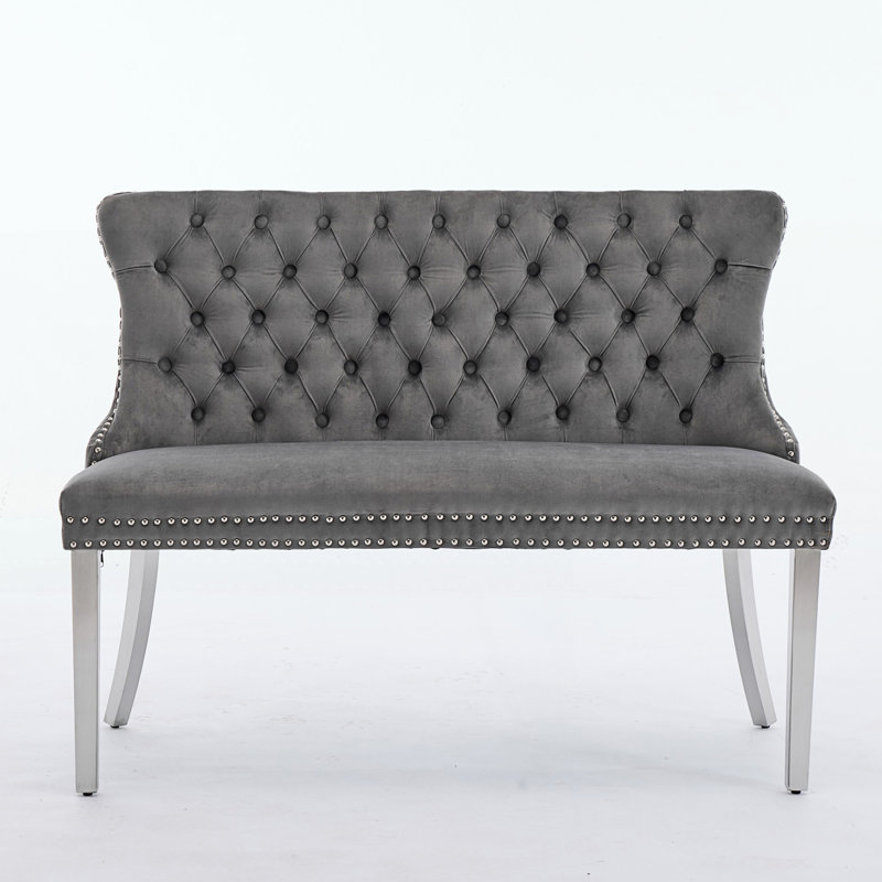 Double Dining Loveseat Bench, 2-Seat Tufted Bench, Gray, Silver