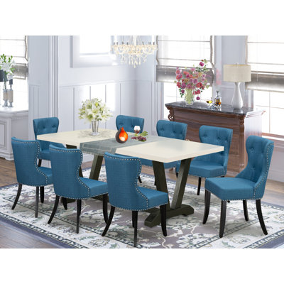 Ensemble de 9 pièces de coin-repas - 8 chaises de salle à manger Parson avec siège en tissu de lin bleu et dossier capitonné à boutons - Plateau de table rectangulaire blanc et pieds en bois - et finition noire brossée 