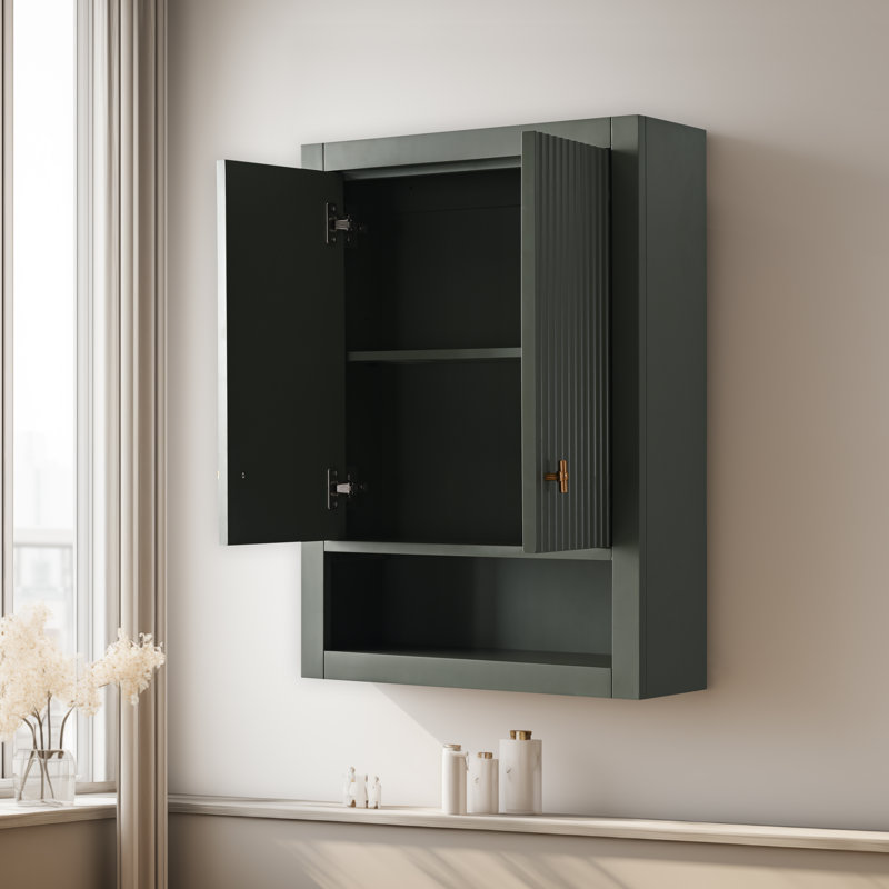 Armoire de rangement de salle de bain murale 24 po avec 2 portes, tablette réglable et tablette ouverte, Vert rétro