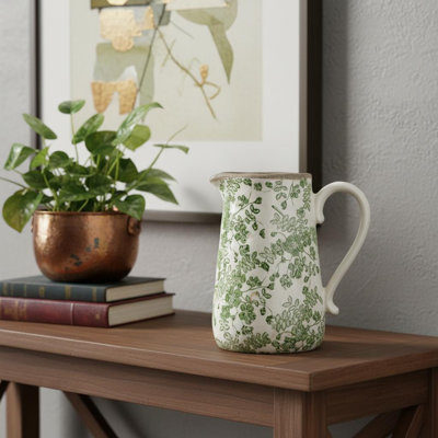 9" Green And White Leaf Ceramic Round Jug Vase
