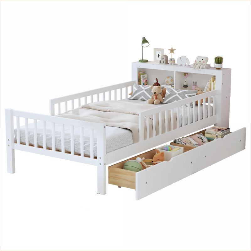Lit plateforme simple avec rangement en panneau de fibres à densité moyenne en contreplaqué de pin, capacité de 350 lb, blanc pour chambre d'amis