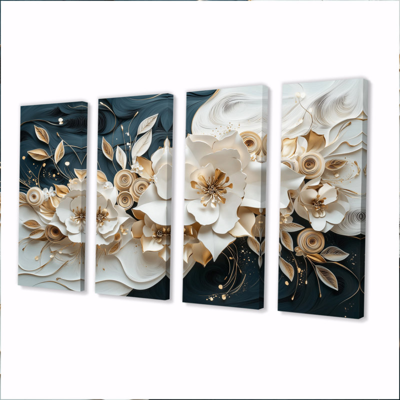 Ensemble de salon art mural pivoines blanches et noires à encre liquide I, H 32 po x l 64 po