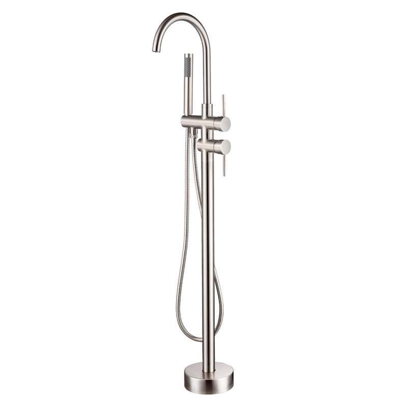 Topcraft Double Handle Floor Mounted Freestanding Tub Faucet with Handheld Shower, Brushed Nickel
