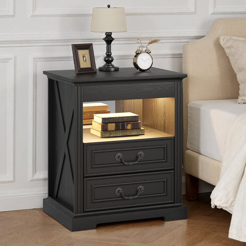 2-Drawer Nightstand With Led Light & Human Sensor, Black Willow Wood