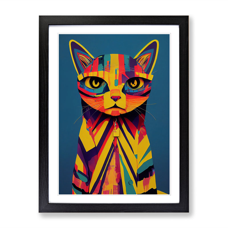 Colourful Abstract Cat Vol.1 - Single Picture Frame Print, 34cm H x 25cm W x 2cm D, Walnut Framed