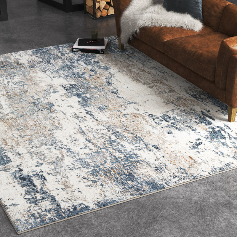 Tapis bleu / gris / ivoire à motif abstrait Lemaire, Rectangle 9 pi 2 po x 12 pi