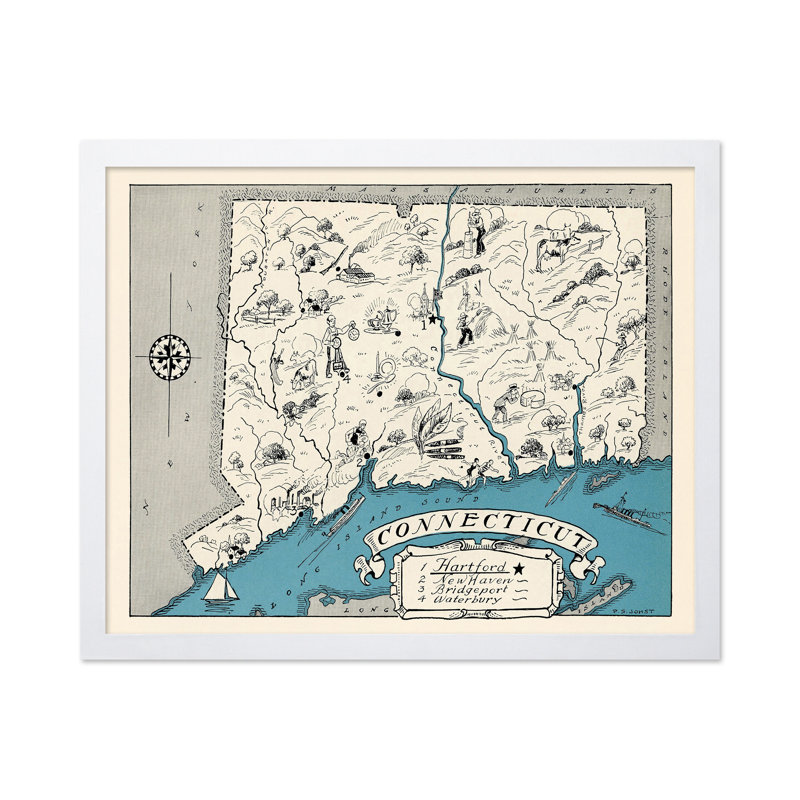 Carte illustrée du Connecticut, Affiche, H 24 po x l 32 po, Encadrement blanc