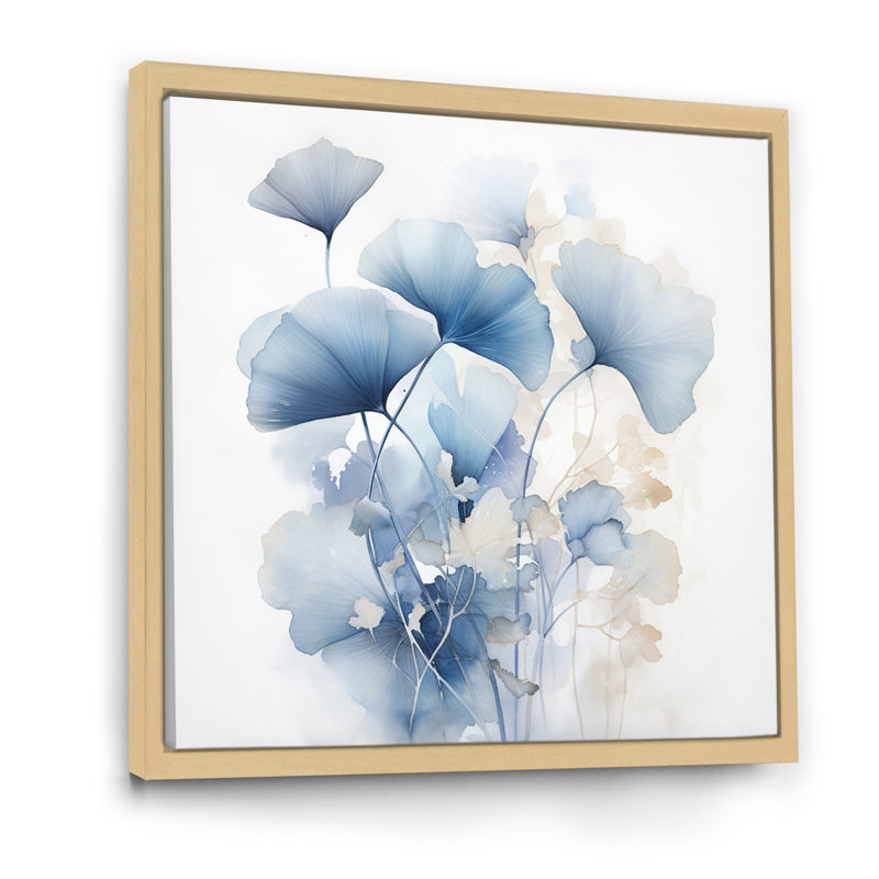 Délicates feuilles de ginko bleu sur aquarelle blanche sur toile, H 30 po x l 30 po x P 1 po, Cadre flottant brun
