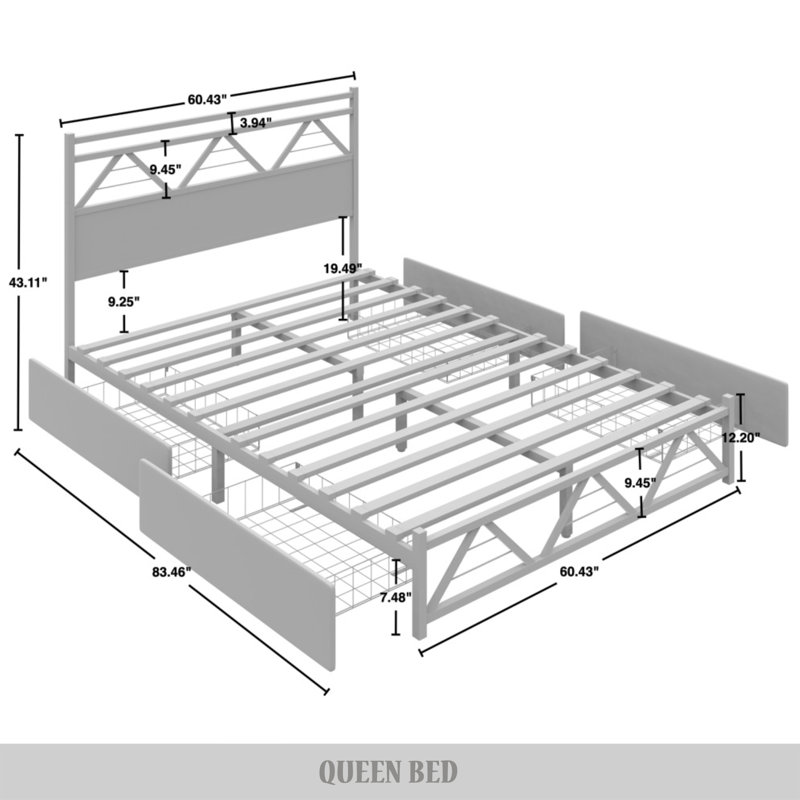 Full Metal Platform Bed With Storage In Natural Oak, Queen, Dark Gray