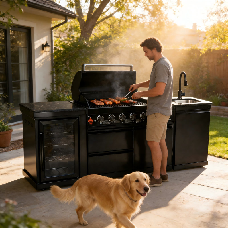 Îlot de barbecue à gaz à 82 brûleurs de 85 000 BTU avec réfrigérateur et évier pour l'extérieur et comptoir en granite de 82 po de largeur