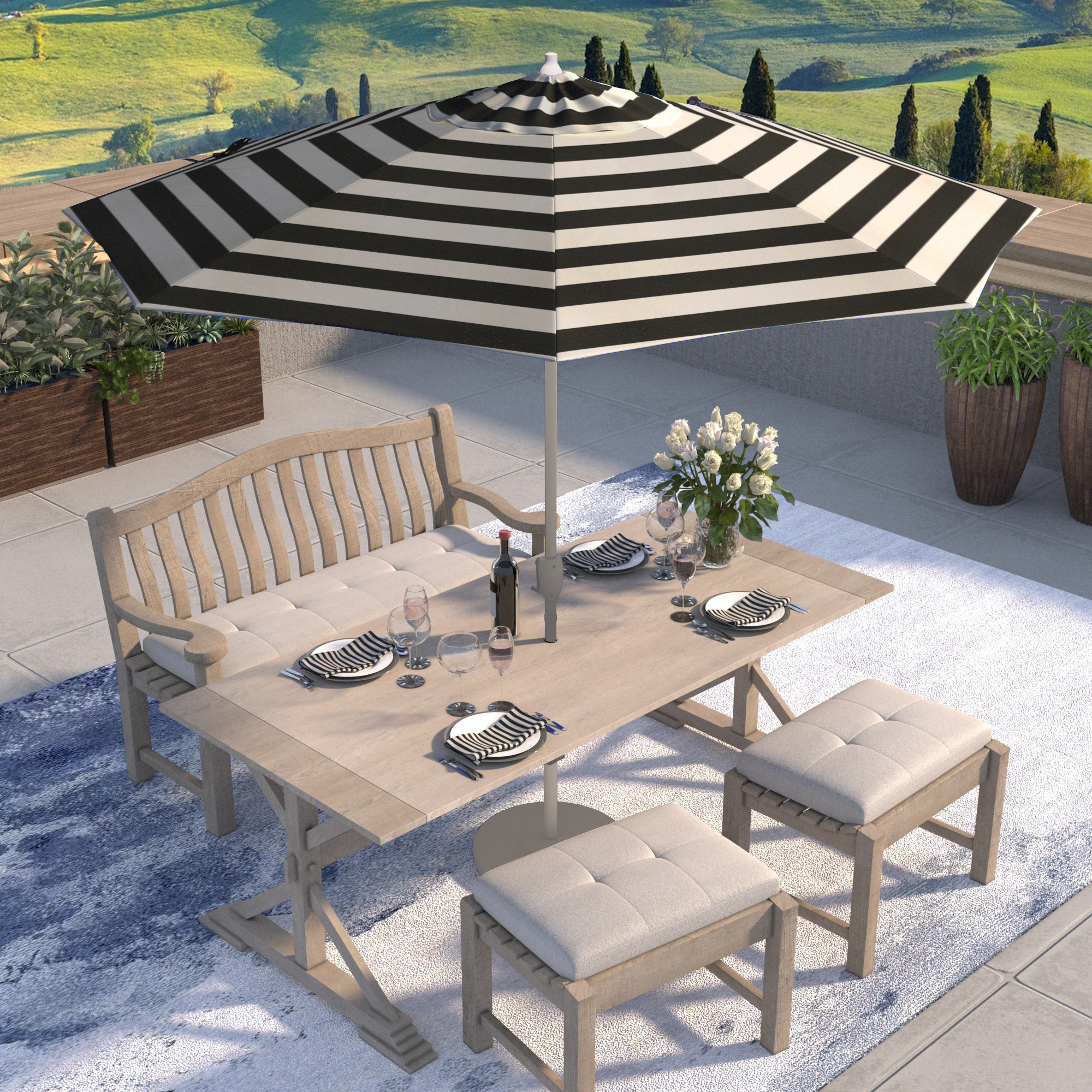 Kenne Sunbrella® Outdoor Umbrella, 108" W x 108" D, Cabana Classic Black Stripe Sunbrella®