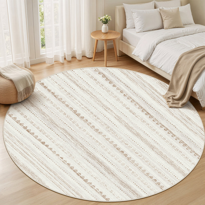 Modern Geometric Area Rug Moroccan Washable Low Pile Carpet Non-Slip Abstract Pattern Soft Floor Mat, Round 8', Beige