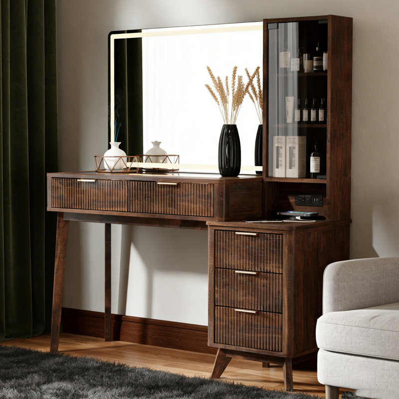 48" Fluted Makeup Vanity Desk With 36" Big Lighted Mirror, Wood Bedroom Vanity With Lights & Glass Top, Charging Station