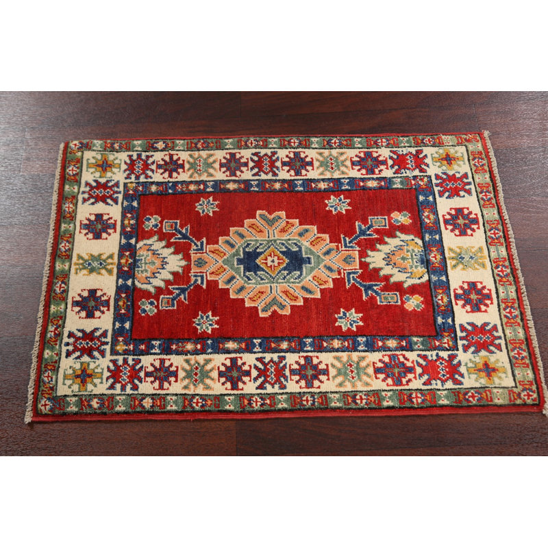 Tapis rouge en laine noué à la main de conception unique 2 pi 1 po x 3 pi 0 po