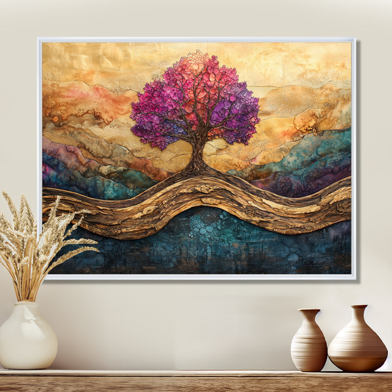 Bourgogne, arbre de vie infini sur une rivière en bois - arbre de vie, art mural, H 16 po x l 32 po, Blanc