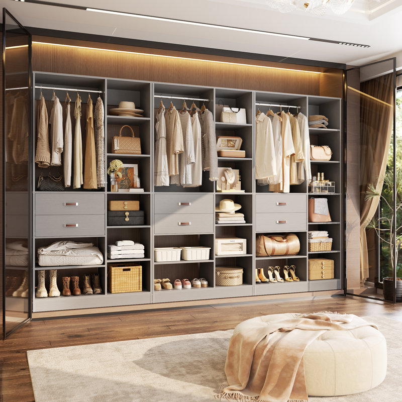 120'' W Closet System with Wooden Drawers and Hanging Rods, Gray