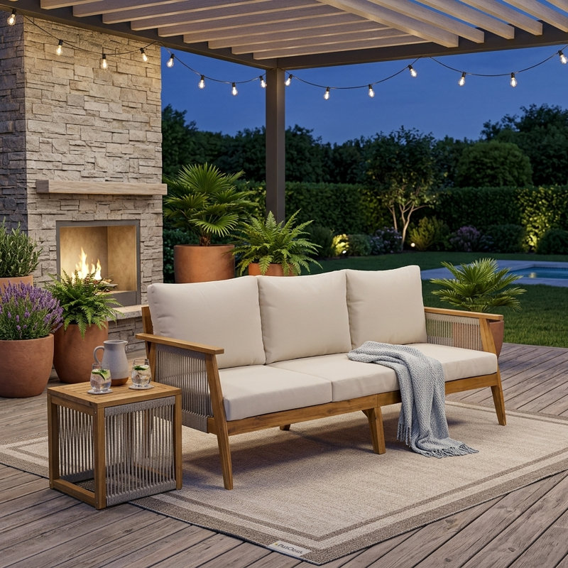 Canapé d'extérieur moderne 3 places en bois d'acacia et tissage de corde avec coussins amovibles