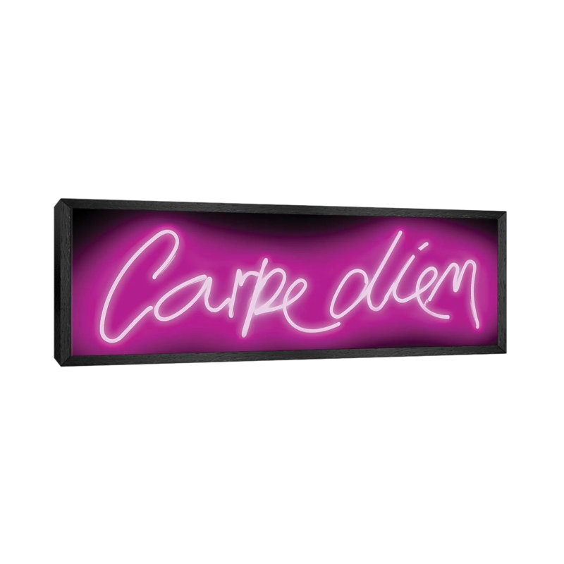 Neon Carpe Diem Pink On Black by Hailey Carr - Panoramic Print on Canvas, 30.48 cm H x 91.44 cm W, Black Framed