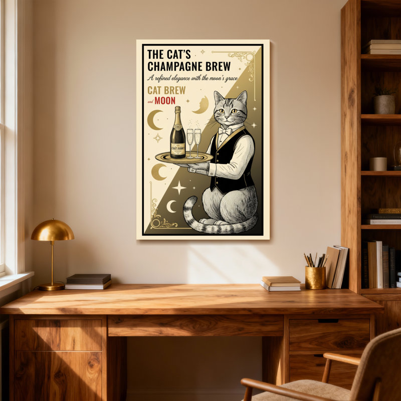 Chat tendance avec motif champagne et lune, H 24 po x l 16 po