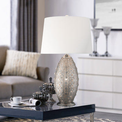 Lampe de table en argent poli 25,5 po avec prise Zev