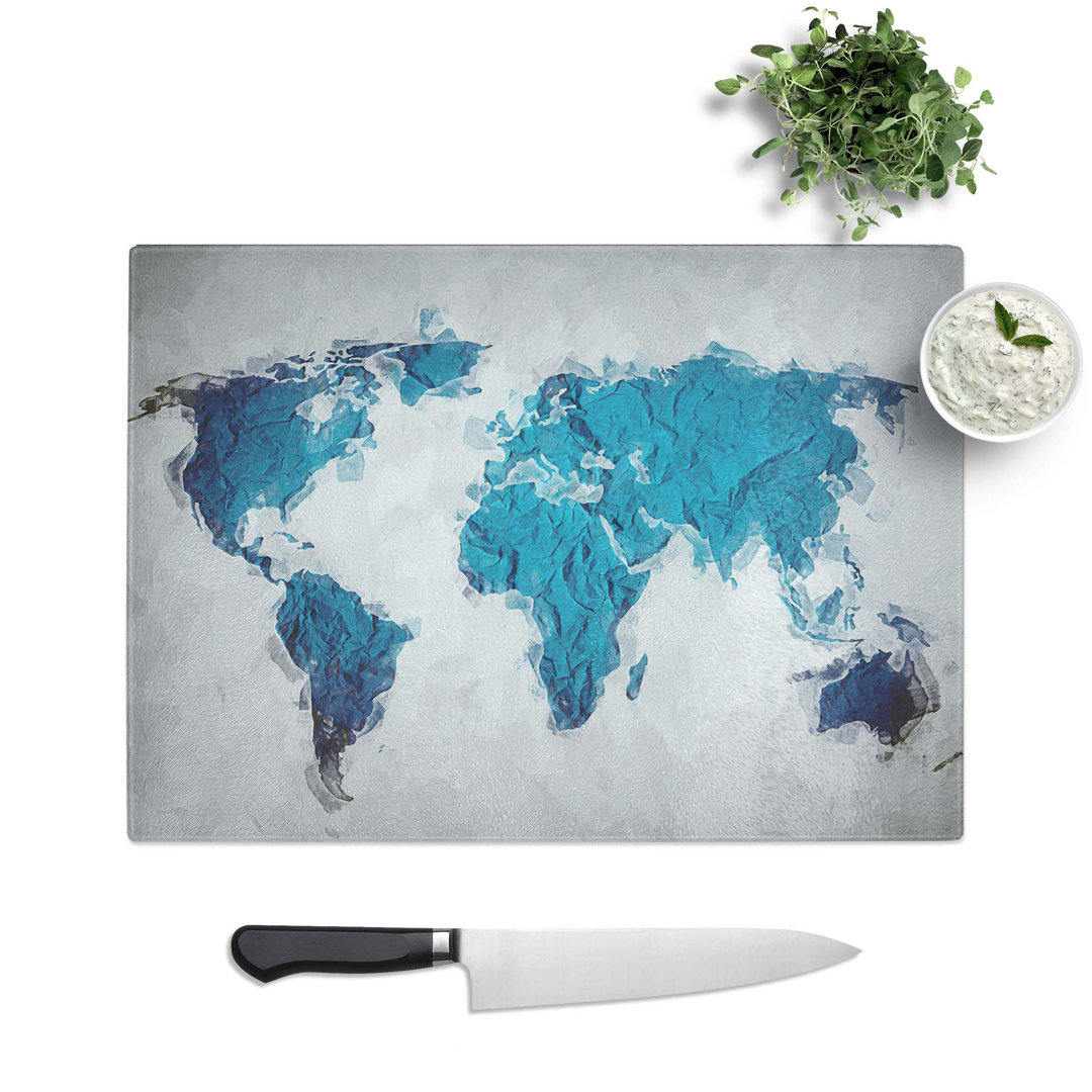 Tempered Glass Teal Blue Map of the World in Abstract Chopping Board