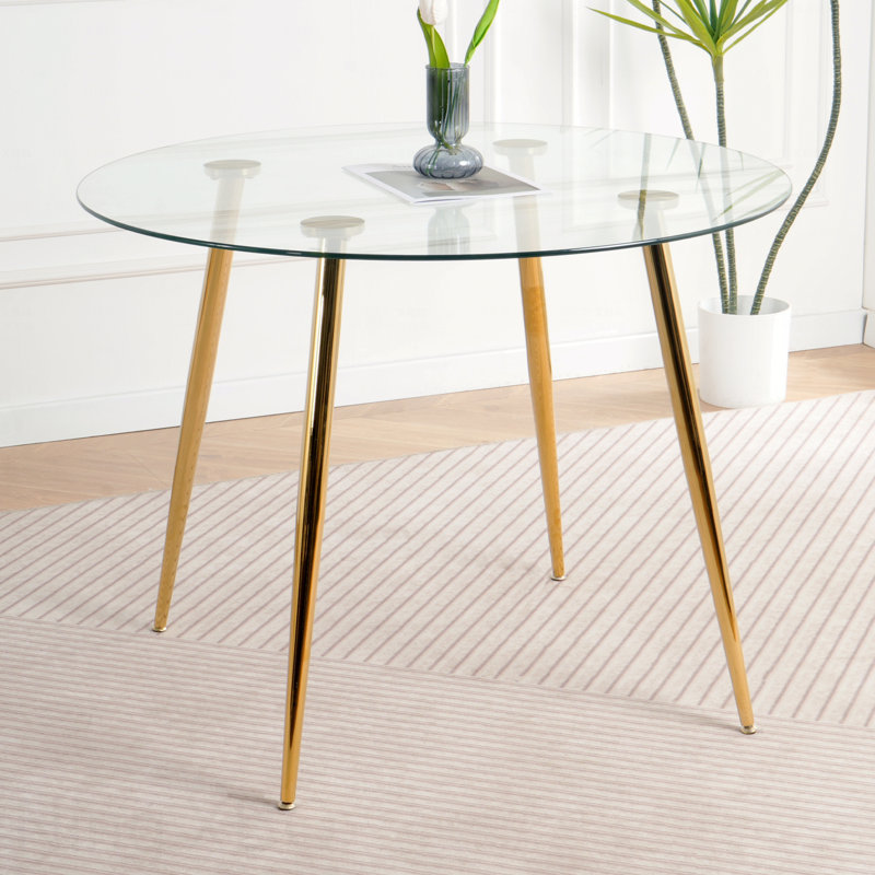39.4" Round Glass Dining Table Clear Glass Countertops Gold-Plated Metal Legs