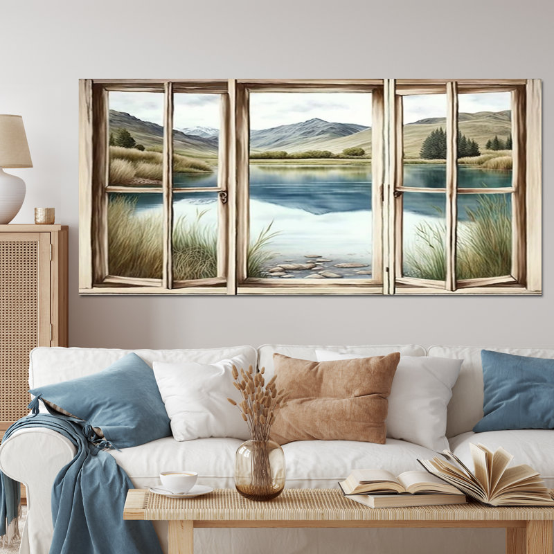 Fenêtre vue sur le lac - Lake House Cottage, impressions sur toile, Black Picture Framed, 12" H x 20" W
