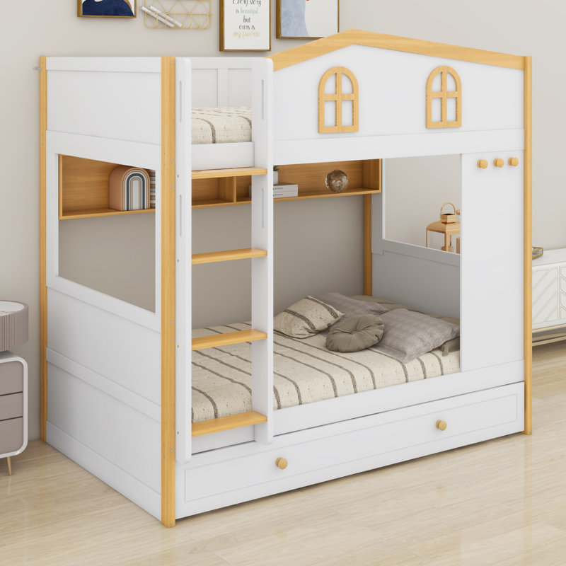 Multi-Function Bunk Bed House Guardrails, Storage Shelves & Trundle, Twin over Twin