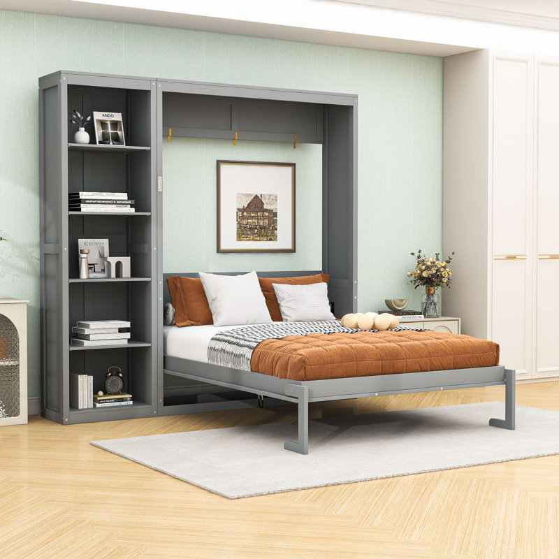Lit escamotable en bois avec tablettes multifonctionnelles, Gris, Grand lit