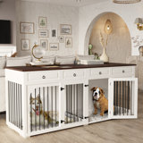 86.6" XXXL Double Dog Crate Furniture For 2 Dogs,Extra Large Wooden Furniture Style Dog Crates Kennel Cage End Side Table For Large Breeds With Divider Drawers Locks,White