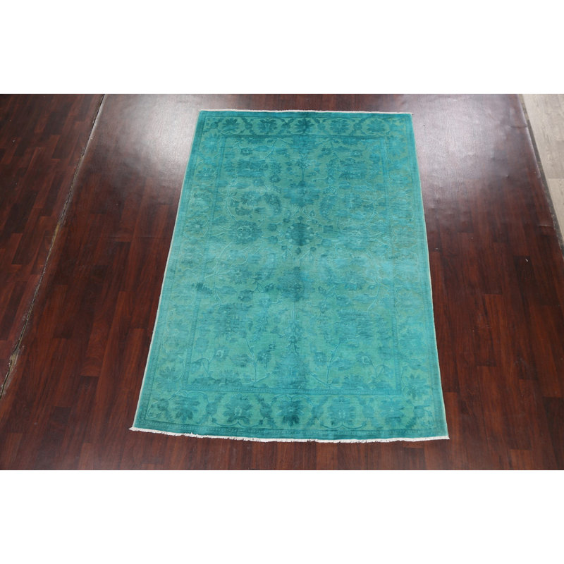 Tapis turquoise en laine noué à la main de conception unique 6 pi 0 po x 8 pi 9 po