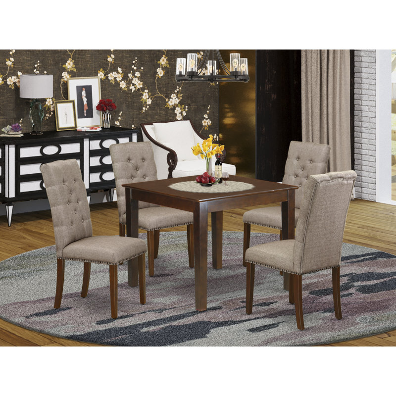 5 Piece Dining Room Table Set Includes a Square Kitchen Table and 4 Dark Khaki Linen Fabric Parson Dining Chairs, Mahogany