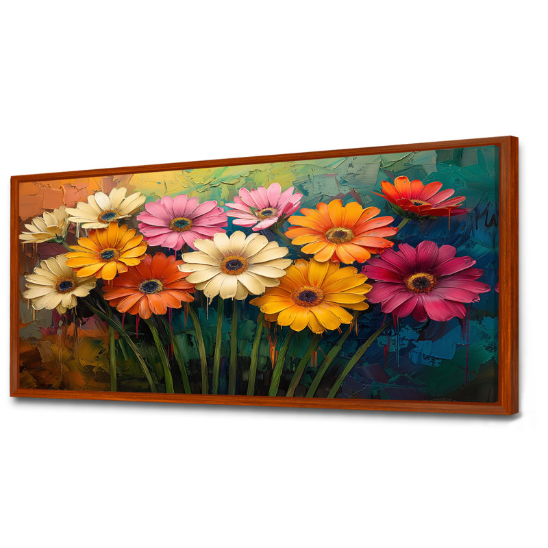 «Multicolor Garden Daisies Collage III - Daisies», reproduction d'art murale, Cadre flottant brun