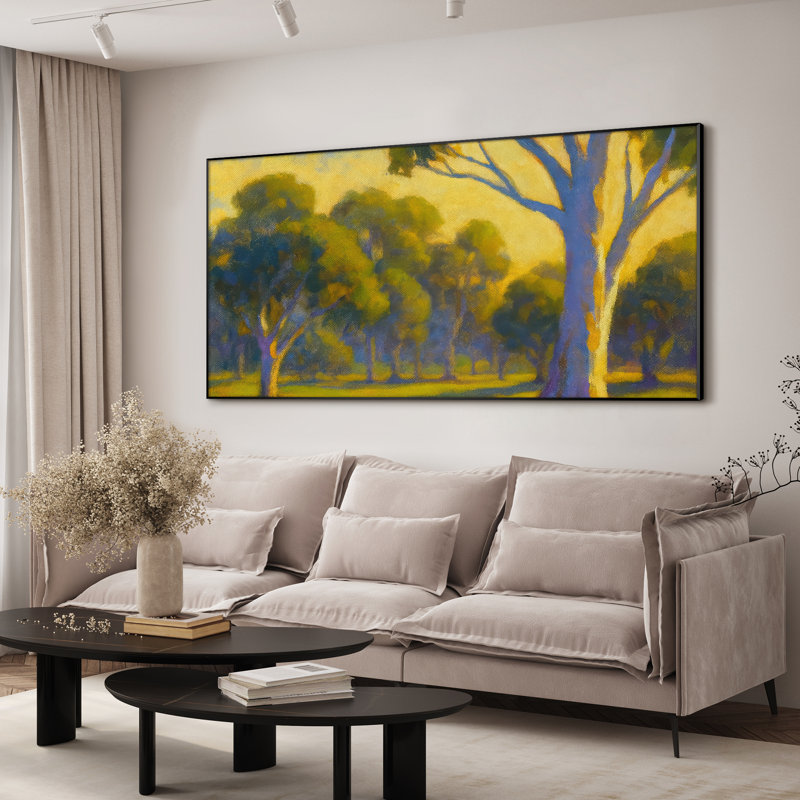 Très grande reproduction d'art sur toile - Paysage de forêt ensoleillée jaune et vert forêt, œuvre d'art pour le salon ou la chambre à coucher - «Assemblage requis du cadre (cadre non fini)»