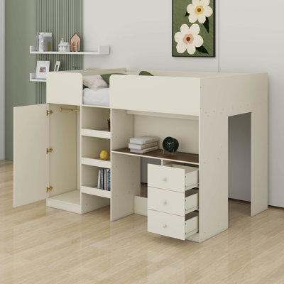 Lit mezzanine double avec bureau, structure de lit mezzanine double en bois avec garde-robe intégrée, tablettes de rangement et tiroirs