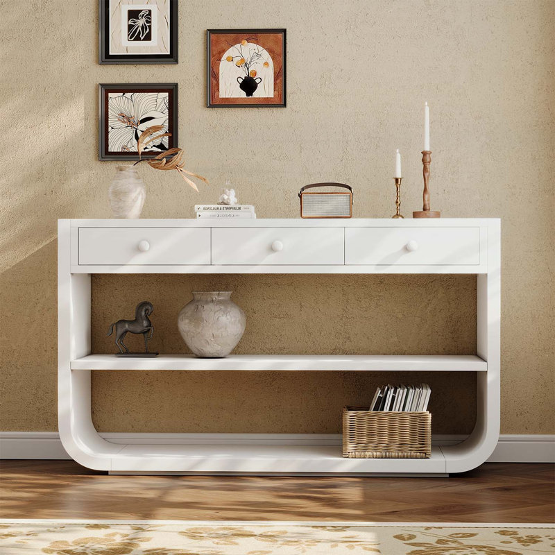 Console moderne avec 3 tiroirs à fermeture en douceur et 2 tablettes ouvertes, Blanc