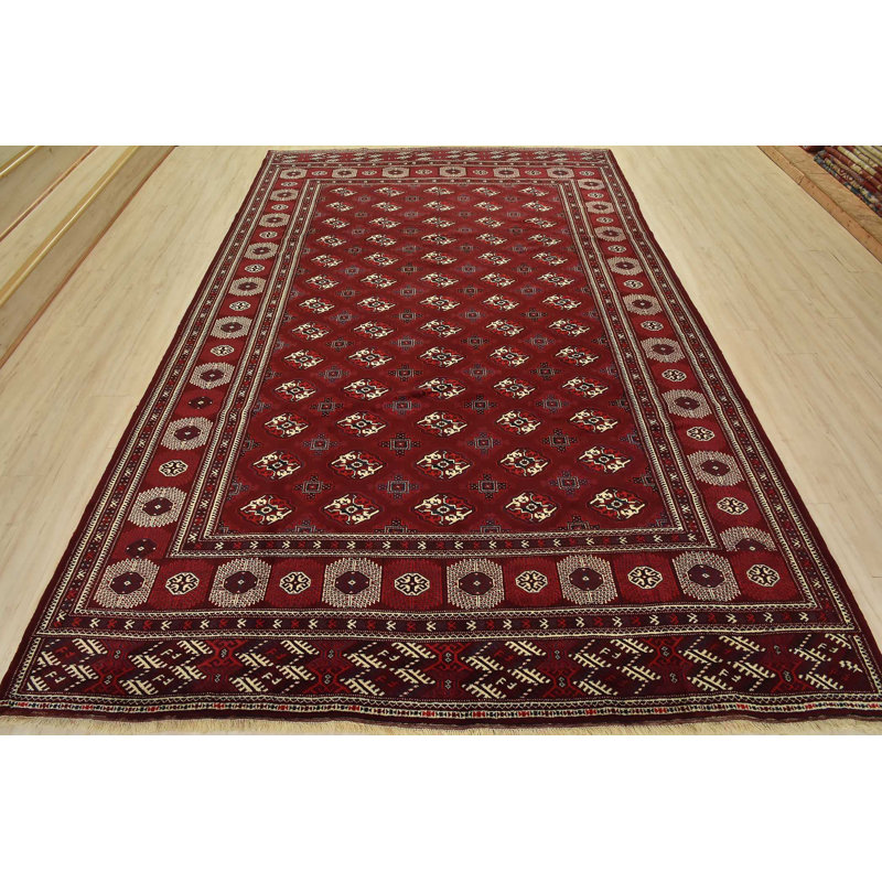 Tapis oriental rétro en laine rouge noué à la main 8 pi 8 po x 12 pi Bokhara Vintage
