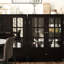 Buffet moderne avec portes doubles en verre et pieds en bois massif, pour la cuisine, la chambre à coucher - étagères réglables, tiroir coulissant lisse, tablettes de rangement noires, plateau courbé, salon-307788721-307788720