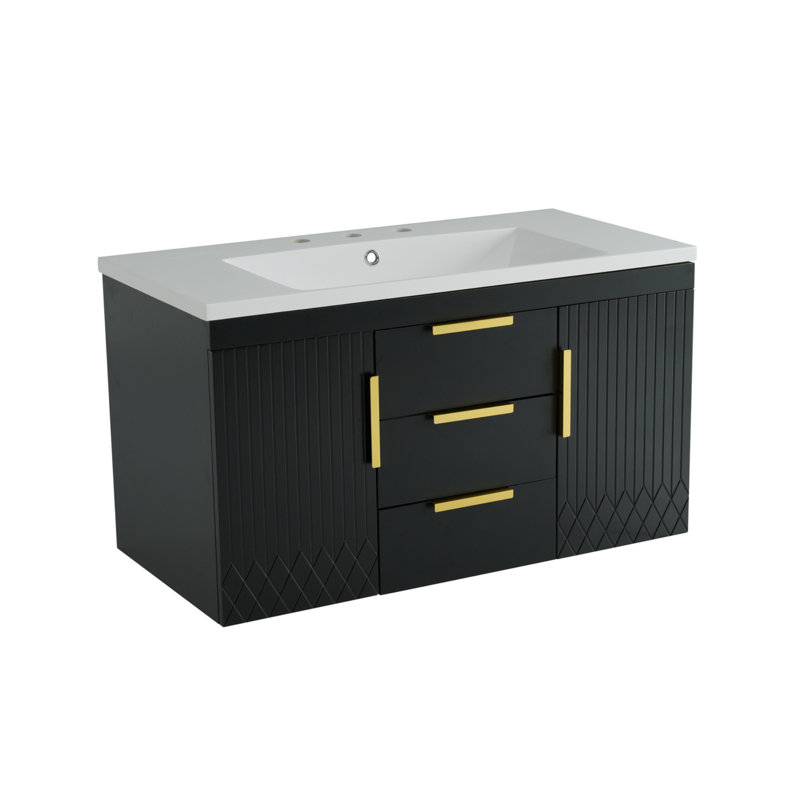 Meuble-lavabo mural en bois massif de 72 po avec armoire de rangement flottante et tiroirs, noir, Noir