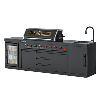 Ensemble d'îlot de cuisine extérieur modulaire 3 pièces VESTIVium - Acier inoxydable noir de qualité supérieure avec barbecue au gaz à 6 brûleurs, brûleur latéral, brûleur infrarouge arrière, évier, réfrigérateur et comptoir en granite noir Galaxy