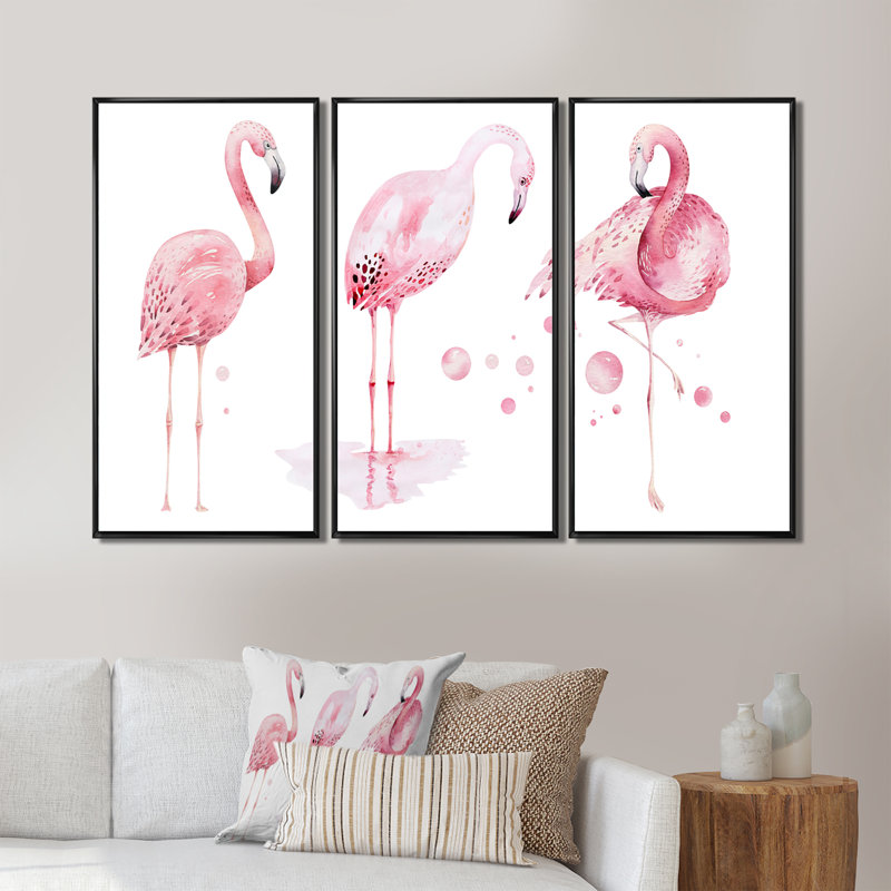 Flamants roses sur fond blanc - 3 pièces, reproduction sur toile, Cadre noir, H 32 po x l 48 po x P 1 po