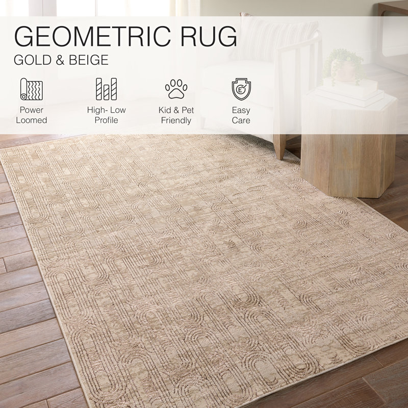  Tapis géométrique tissé à la machine en polypropylène / polyester doré / beige, Tapis de couloir 3 pi 3 po x 12 pi